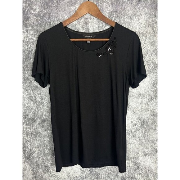 George Black Circles Beaded Short Sleeve Top Knit Stretch women's Medium 8-10 - Picture 10 of 12